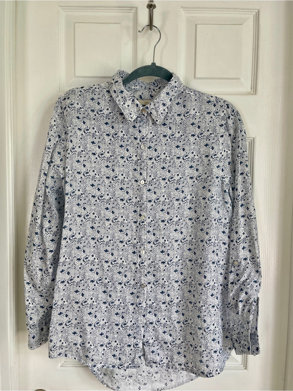 Cynthia Rowley White Button-Down Linen Shirt with Blue Floral Print